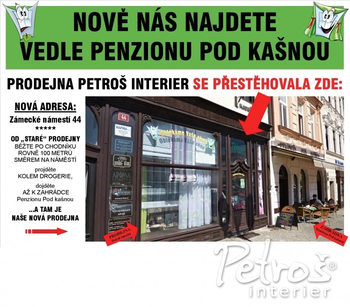 NAŠI NOVOU PRODEJNU najdete jen asi 100 metrů od té původní. Od staré prodejny běžte po chodníku pořád rovně směrem na náměstí. Zastavte se AŽ před zahrádkou penzionu Pod kašnou - a po levé ruce budete mít naší novou prodejnu. NAŠI NOVOU PRODEJNU najdete jen asi 100 metrů od té původní. Od staré prodejny běžte po chodníku pořád rovně směrem na náměstí. Zastavte se AŽ před zahrádkou penzionu Pod kašnou - a po levé ruce budete mít naší novou prodejnu.